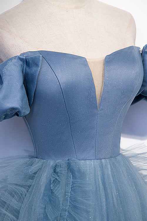 Gorgeous Dusty Blue Off the Shoulder Strapless Long Prom Dress Tulle
