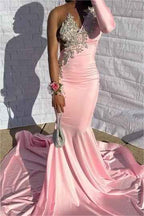 Spandex Pink One Shoulder Long Mermaid Prom Dress Waist-Skimming with Appliques