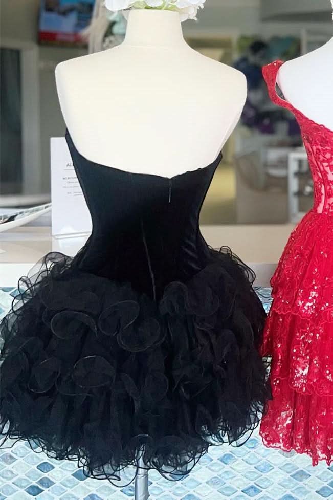 Stylish Black Velvet Strapless Ruffles Short Homecoming Dress BM bride