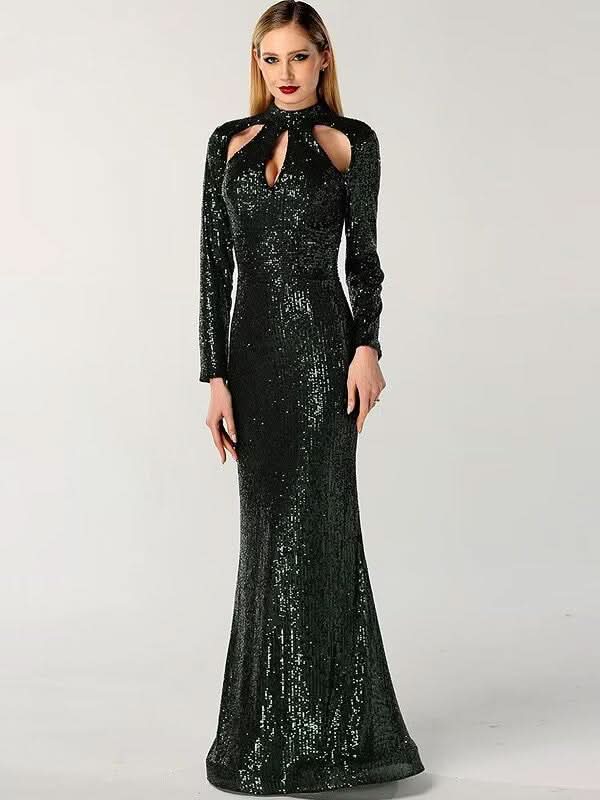 Black Green Long Sleeve Sexy Mermaid Prom Dress BM bride