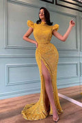 Sequins High Neck Beaded Yellow Long Mermaid Prom Dress With Front Split