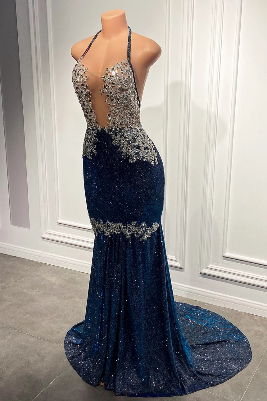 Blue Sequined Spaghetti-Straps Mermaid Long Prom Dress BM bride
