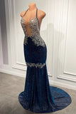 Blue Sequined Spaghetti-Straps Mermaid Long Prom Dress BM bride