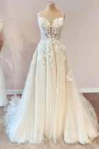 A-line Spaghetti-Straps Wedding Dress With Lace Appliques Tulle BM bride