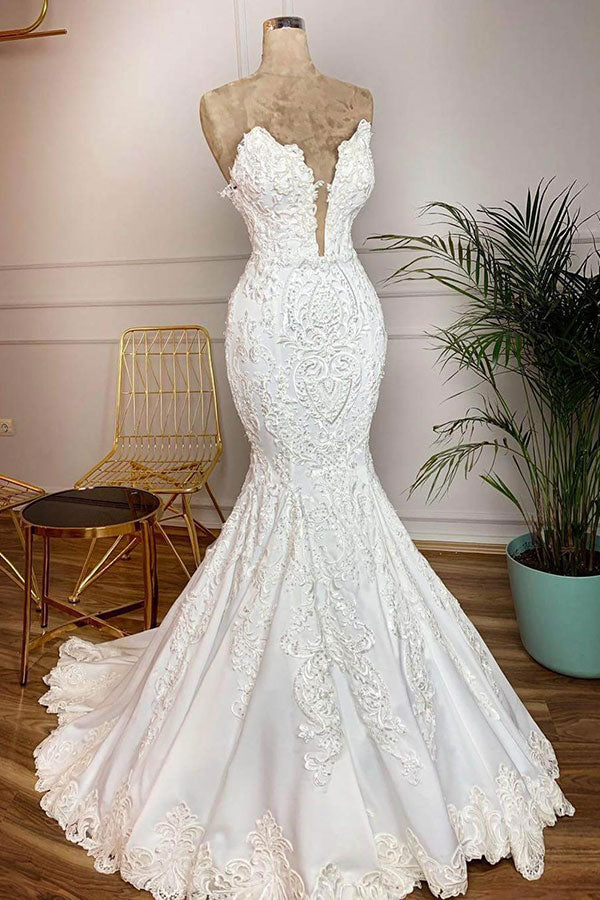Strapless Satin Mermaid Bridal Dress Adorned with Exquisite Appliques BM bride