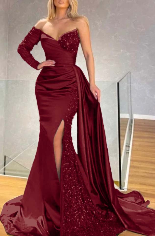 Long Sleeve Strapless Long Split Prom Dress With Pleated Sequins BMBRIDE