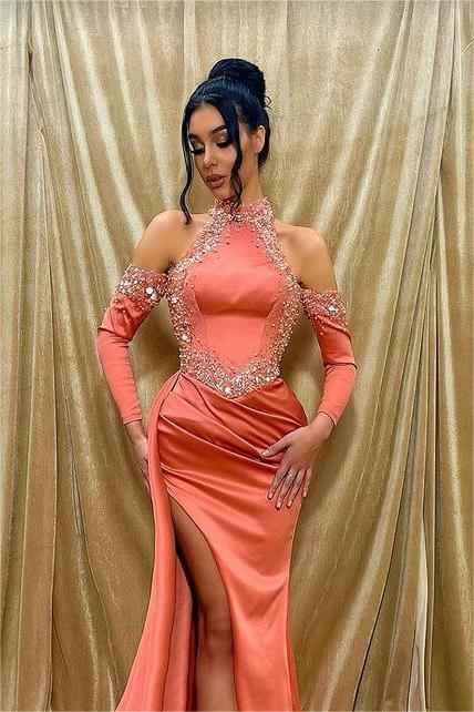 Halter Long Sleeves Beaded High Collar Mermaid Pleated Prom Dress With Split
