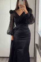 V Neck Long Sleeves Sequins Mermaid Split Prom Dress With Ruffles