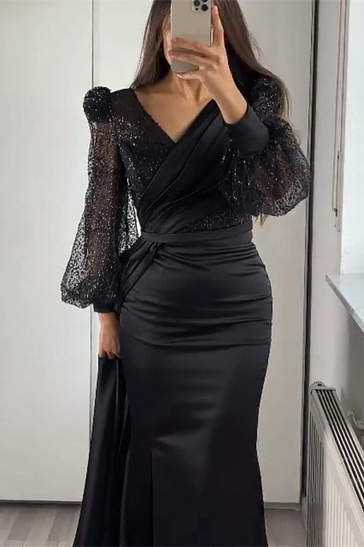 Sequins V-Neck Long Sleeves Mermaid Split Evening Dress with Ruffle BM bride