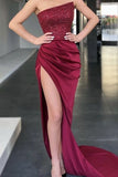 Burgundy Strapless Sequined Mermaid Prom Dress with Split BM bride