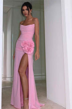 Charming Pink Strapless Sleeveless Pleated Long Prom Dress With High Split