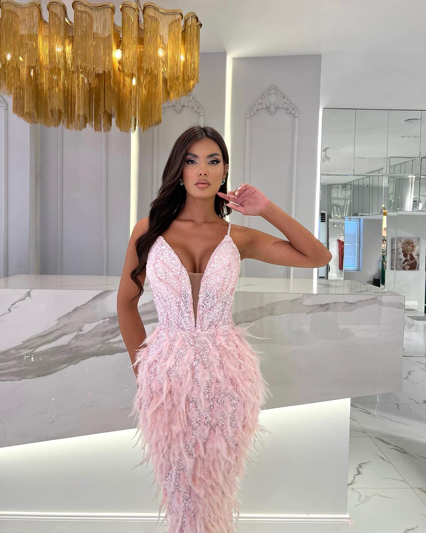 Pink Sequin Prom Dress with Beaded Feather BM bride