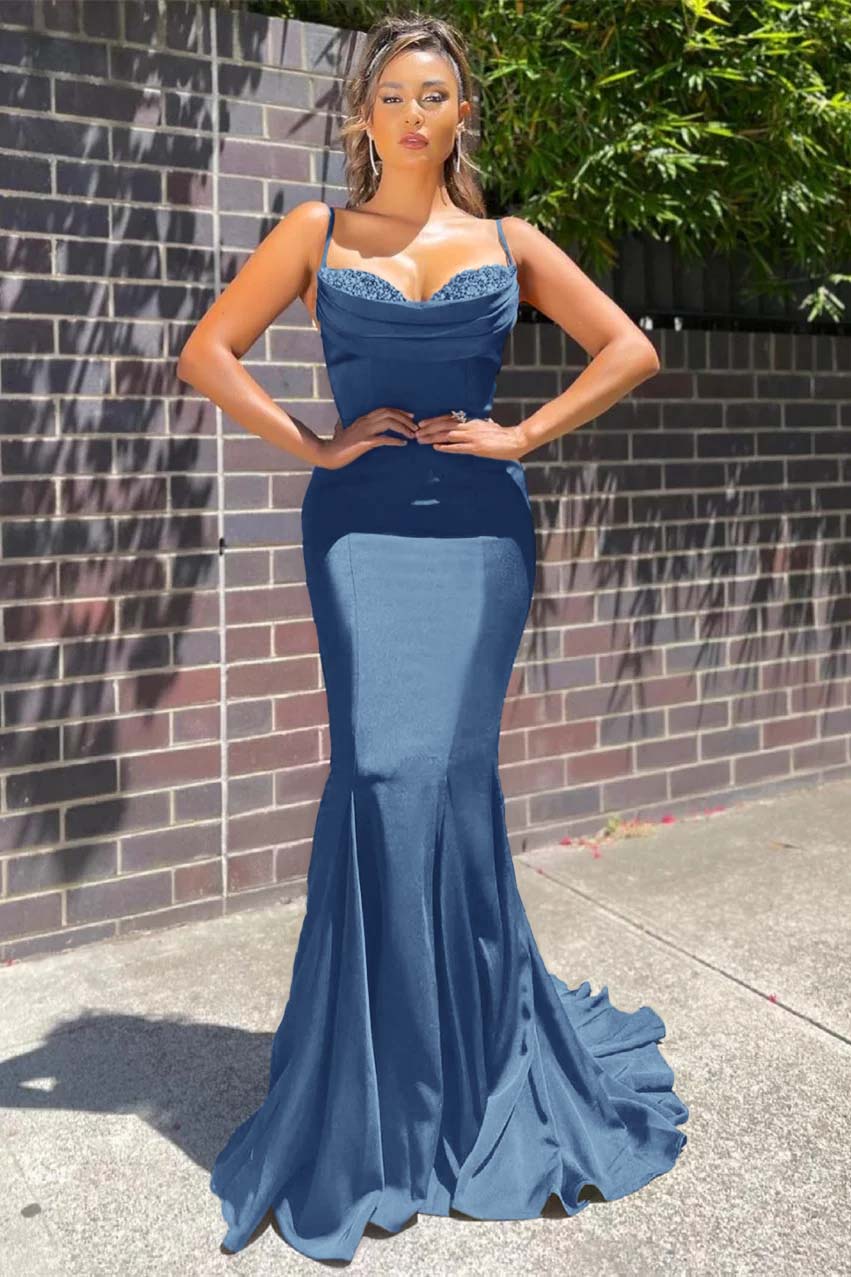 Long Spaghetti Strap Sleeveless Mermaid Ruffles Prom Dress With Beadings