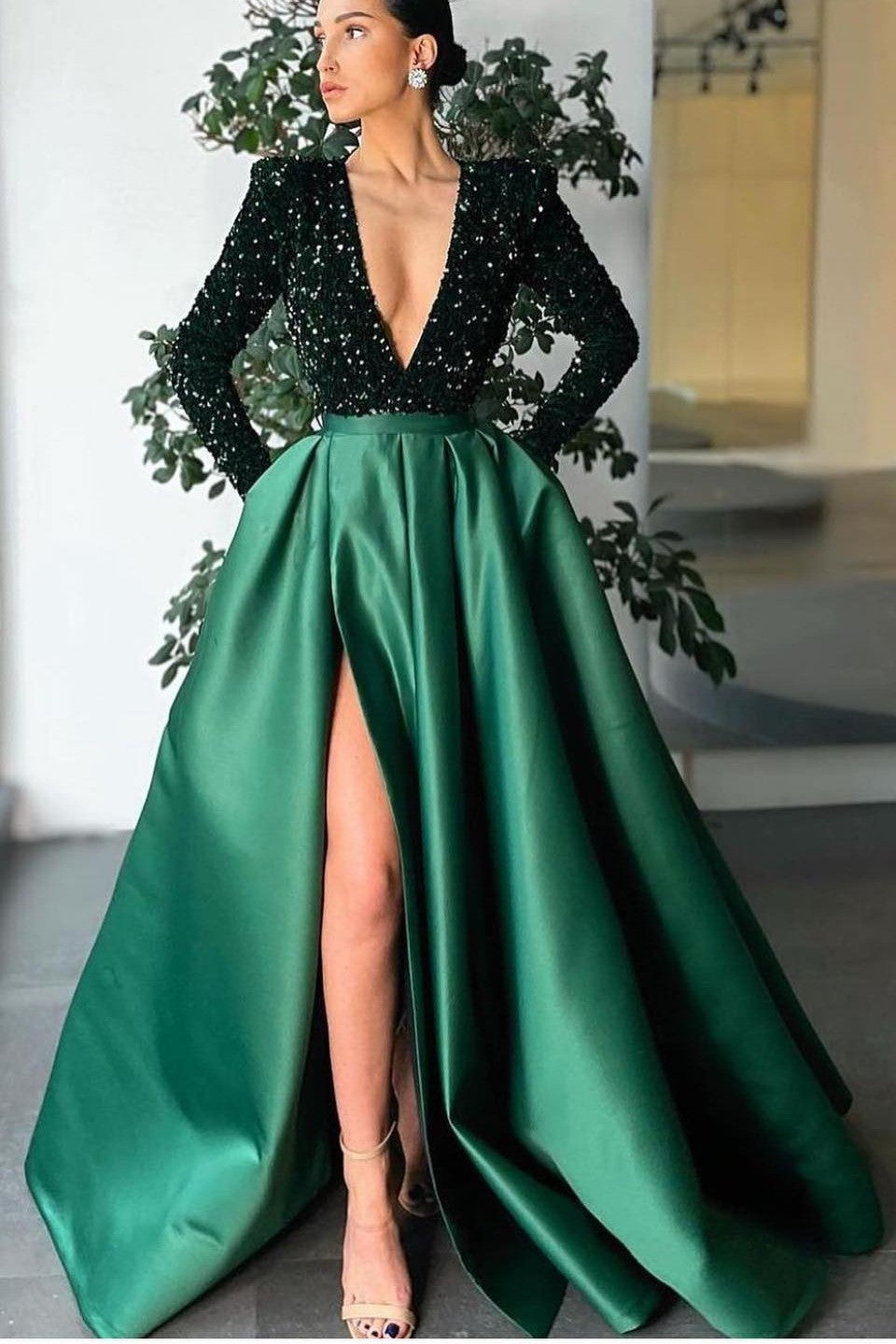 Deep V-Neck Long Sleeves Mermaid Prom Dress with Split and Sequins BM bride