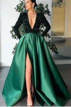 Deep V-Neck Long Sleeves Mermaid Prom Dress with Split and Sequins BM bride