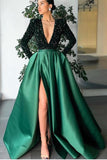 Deep V-Neck Long Sleeves Mermaid Prom Dress with Split and Sequins BM bride