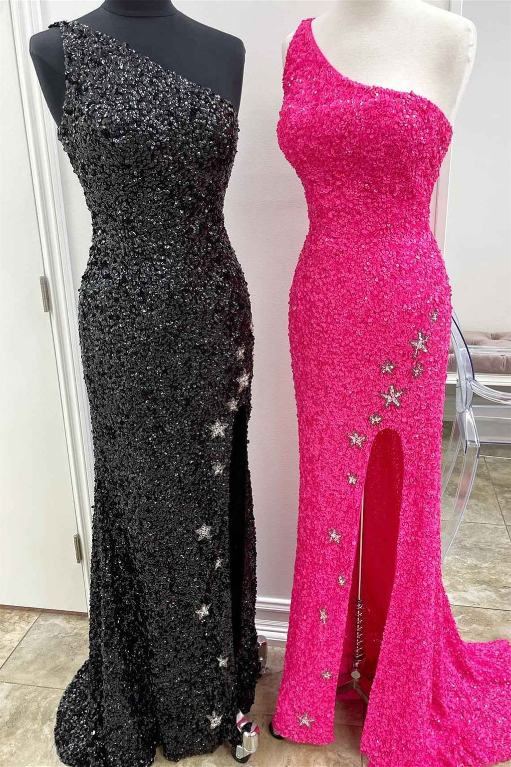 One Shoulder Sleeveless Mermaid Prom Dress Sparkle Sequins With Split
