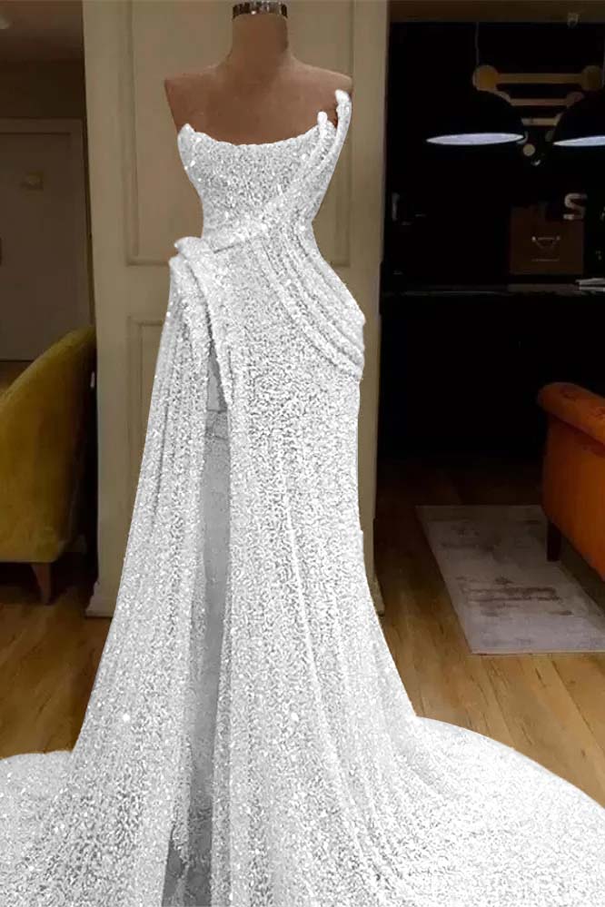 Sequin Strapless Sleeveless Long Mermaid Prom Dress With Split BMBRIDE