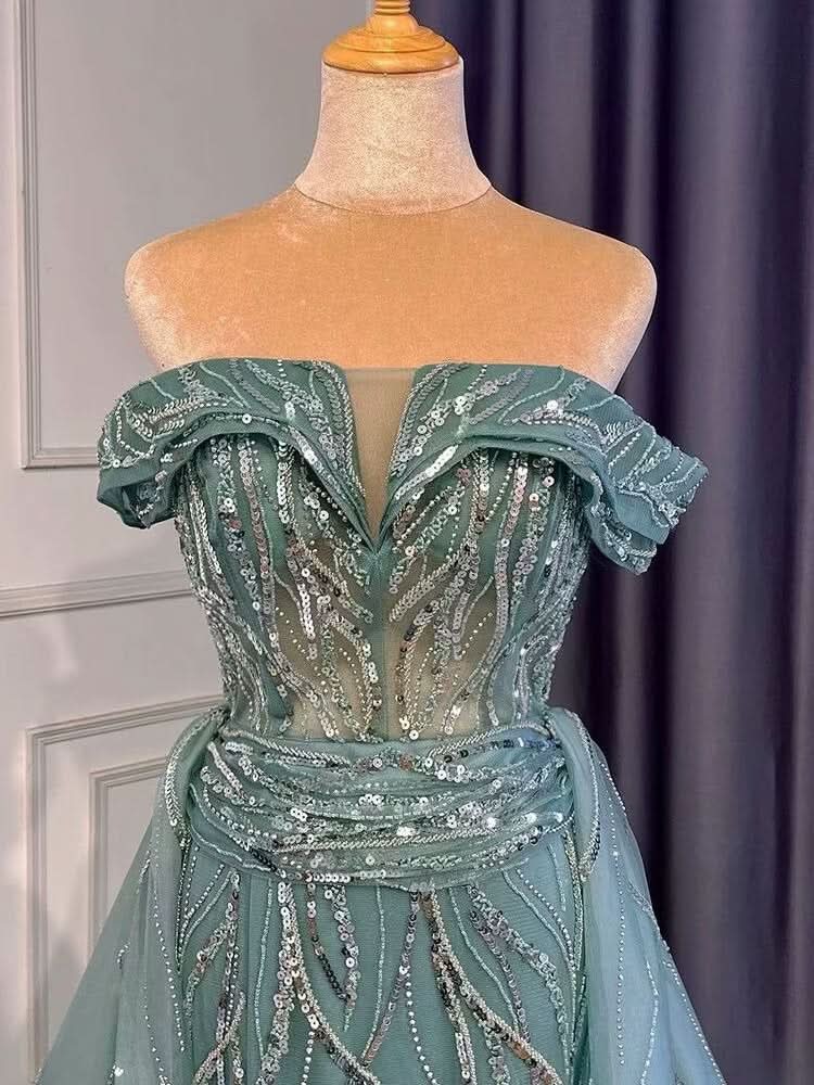 Stunning Sky Blue A-Line Split Evening Dress with Off Shoulder Design BM bride