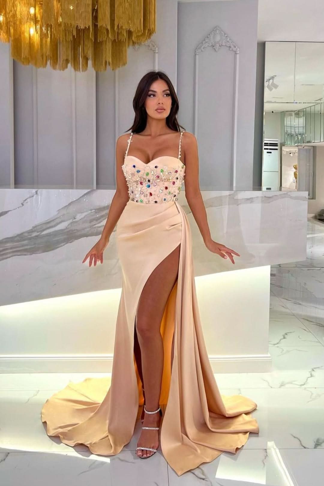 Long Prom Dress with Rhinestone, Spaghetti Strap, and Slit BM bride