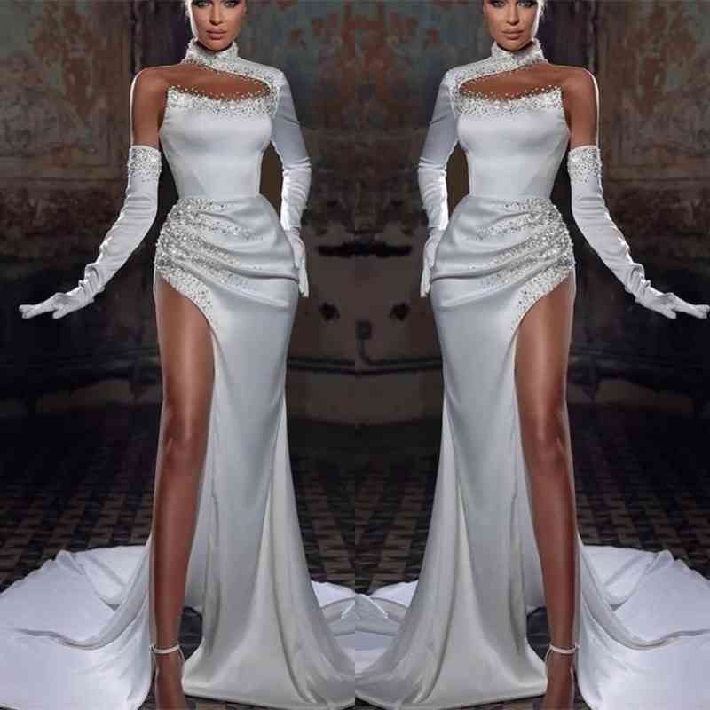 Chic White Halter Mermaid Prom Dress with Beadings Pleated High Slit BM bride