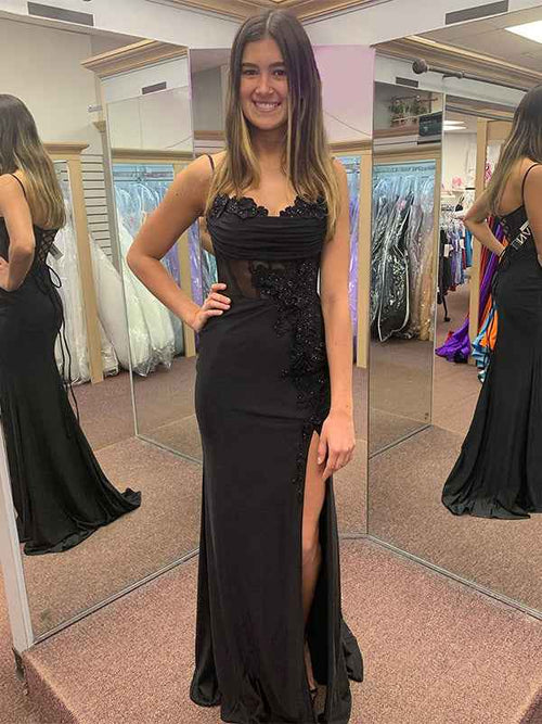 Black Mermaid Spaghetti Straps Applique Long Prom Dress with Slit BMBRIDE
