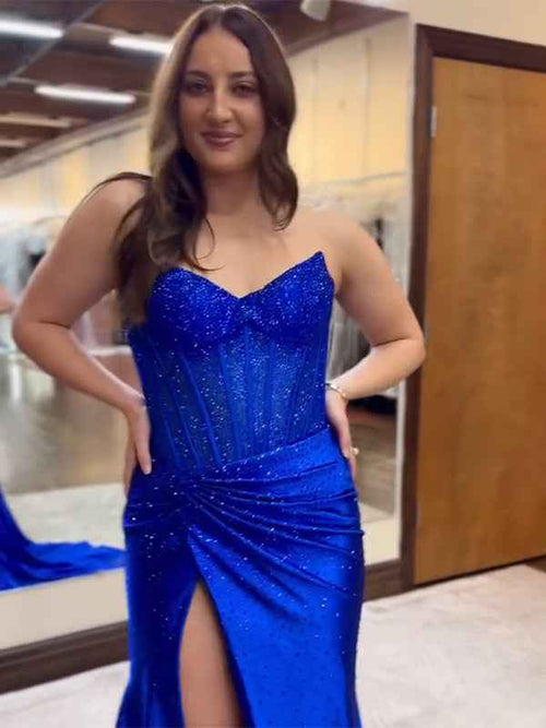 Royal Blue Mermaid Sweetheart Satin Long Prom Dress with Slit BMBRIDE