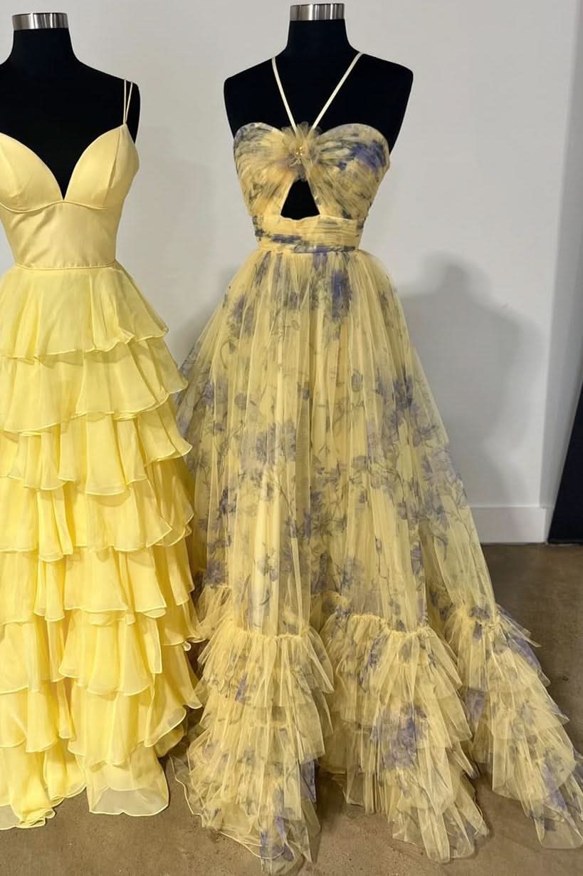 Dazzling Yellow Ruffle Straps 3D Flower Mermaid Long Prom Dress with Glamorous Touch BM bride