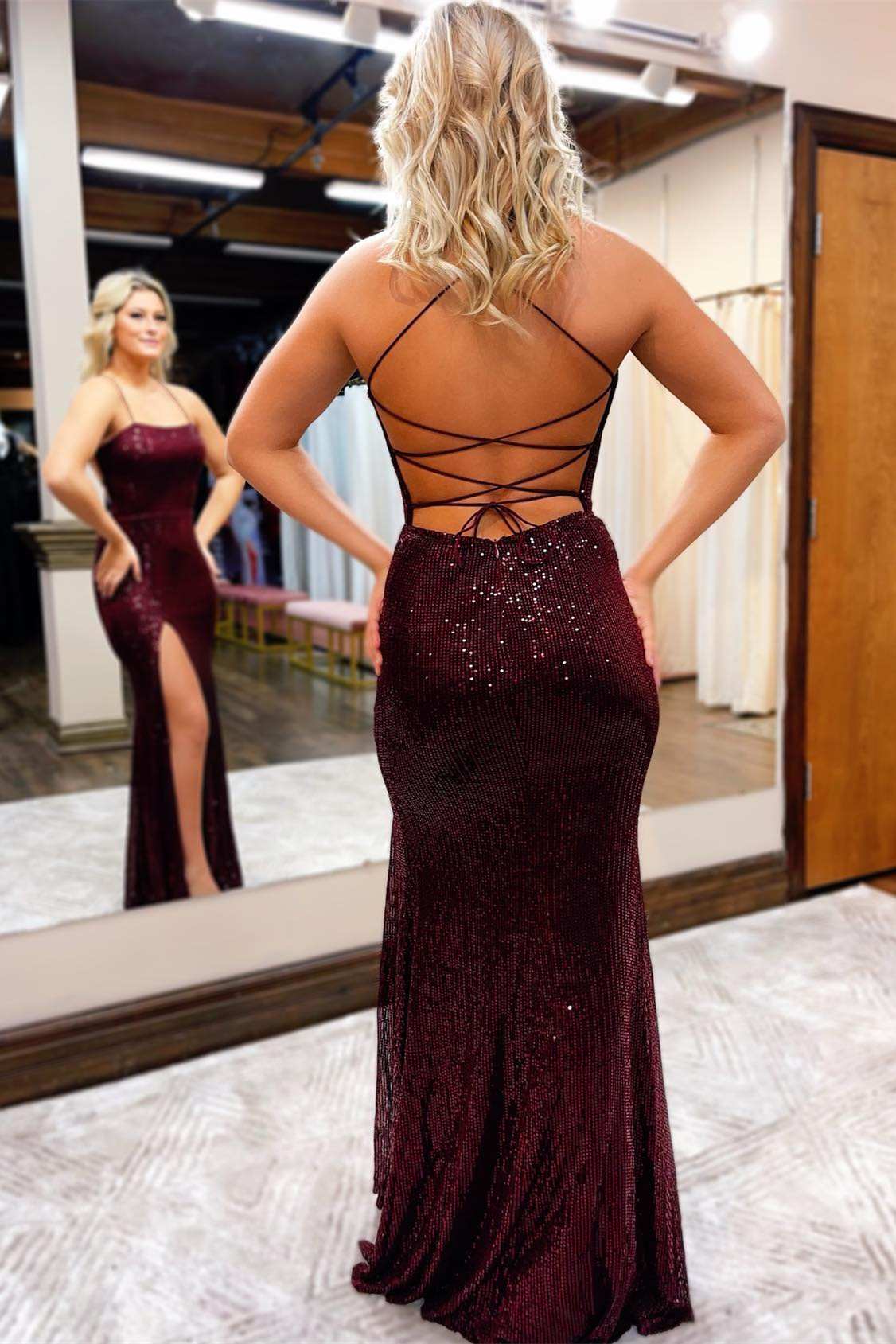 Delightful Burgundy Sequin Lace-Up Back Long Prom Dress with Slit BM bride