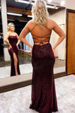 Delightful Burgundy Sequin Lace-Up Back Long Prom Dress with Slit BM bride