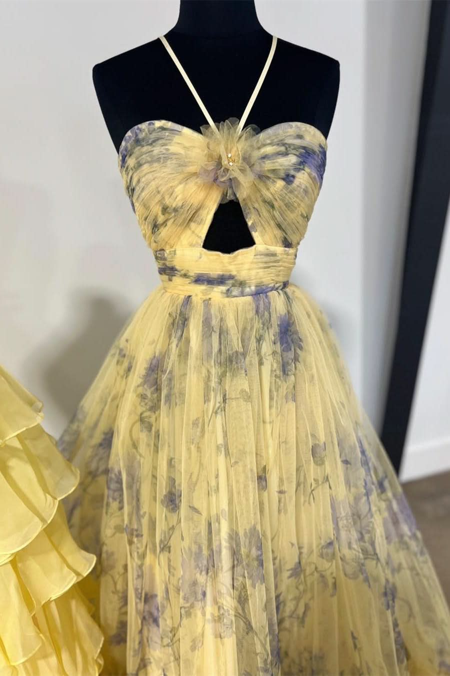 Dazzling Yellow Ruffle Straps 3D Flower Mermaid Long Prom Dress with Glamorous Touch BM bride