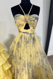 Dazzling Yellow Ruffle Straps 3D Flower Mermaid Long Prom Dress with Glamorous Touch BM bride