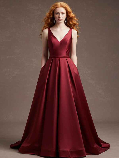 Burgundy Sheath/Column V-Neck Floor-Length Satin Prom Dress BMBRIDE