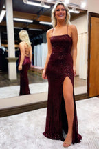 Delightful Burgundy Sequin Lace-Up Back Long Prom Dress with Slit BM bride