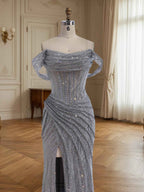 Sparkly Off-the-Shoulder Mesh Ruched Bodice Long Prom Dress with High Slit