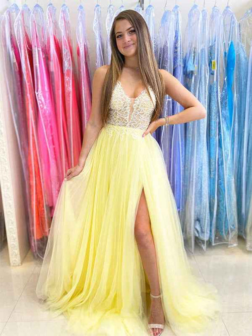 Yellow A Line Spaghetti Straps Tulle Long Prom Dress with Appliques BMBRIDE