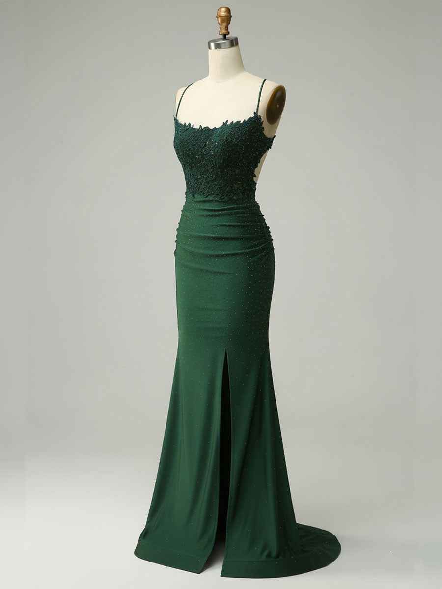 Mermaid Halter Beaded Long Prom Dress with Appliques and Slit