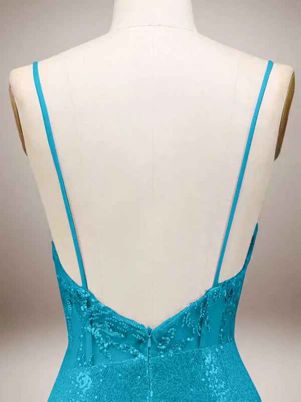 Green Mermaid Sparkly Spaghetti Straps Corset Long Prom Dress with Slit