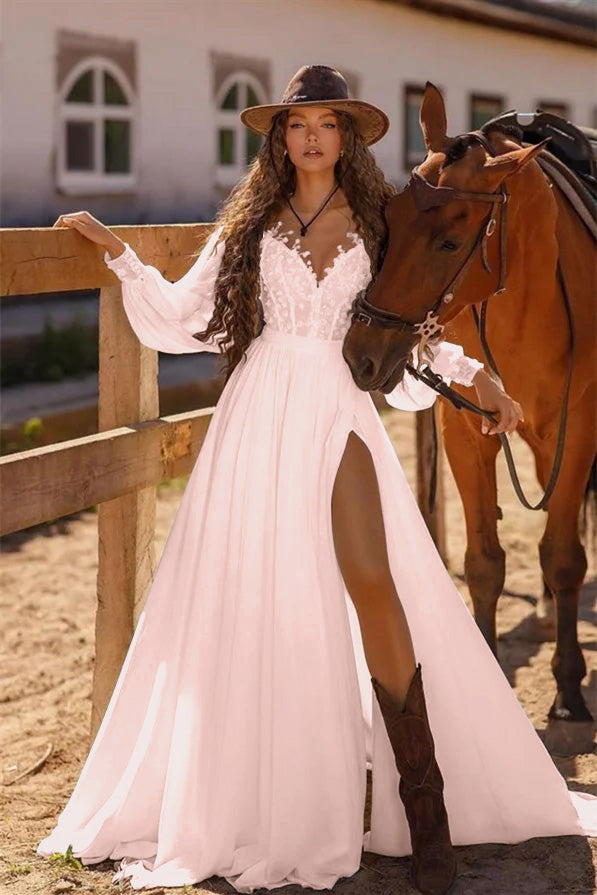White Long Sleeve Wedding Dress with Lace and Split BM bride