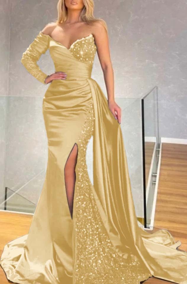 Long Sleeve Strapless Long Split Prom Dress With Pleated Sequins BMBRIDE