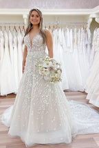 Sheer Strap A-Line Long Wedding Dress with 3D Floral Appliques BM bride