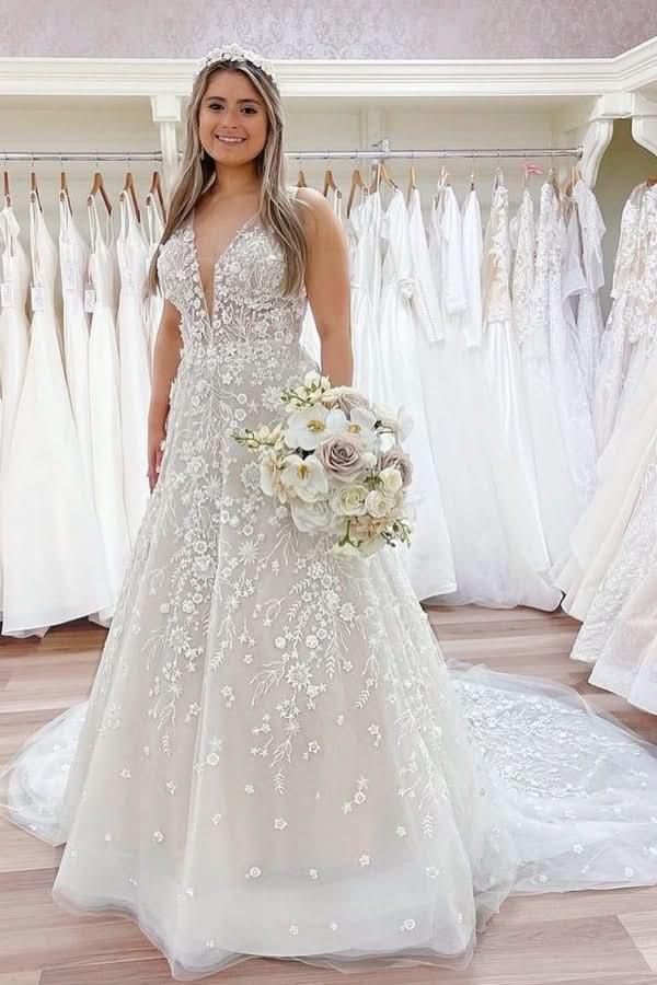 Sheer Strap A-Line Long Wedding Dress with 3D Floral Appliques BM bride