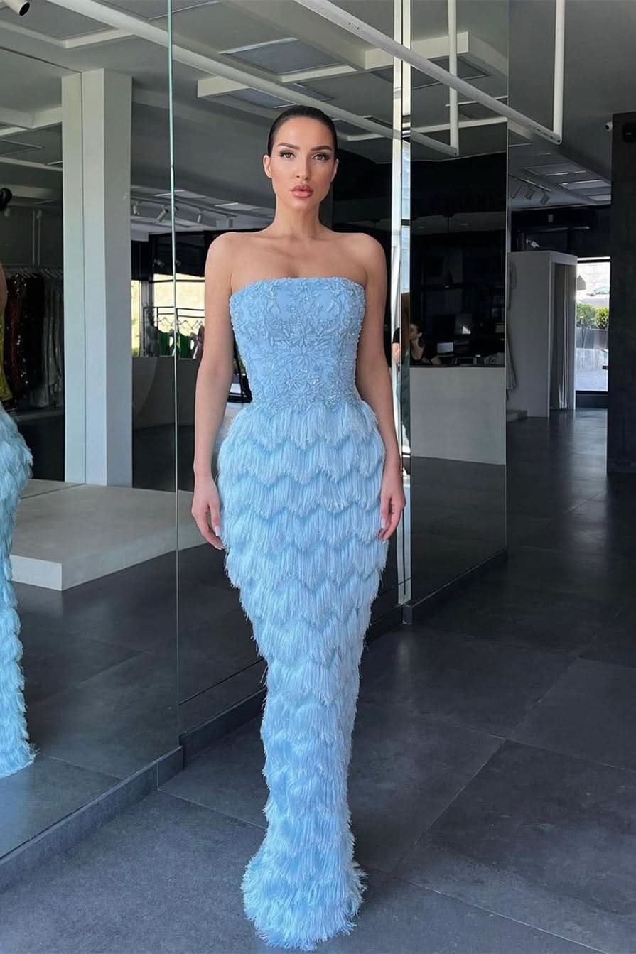 Charming Blue Evening Dress Off-the-Shoulder with Pleated Feather Beadings BM bride