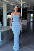 Charming Blue Evening Dress Off-the-Shoulder with Pleated Feather Beadings BM bride