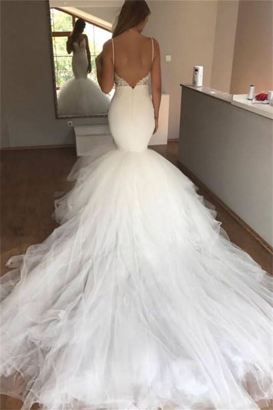 Spaghetti Strap Long Mermaid Wedding Dress with Appliques BM bride