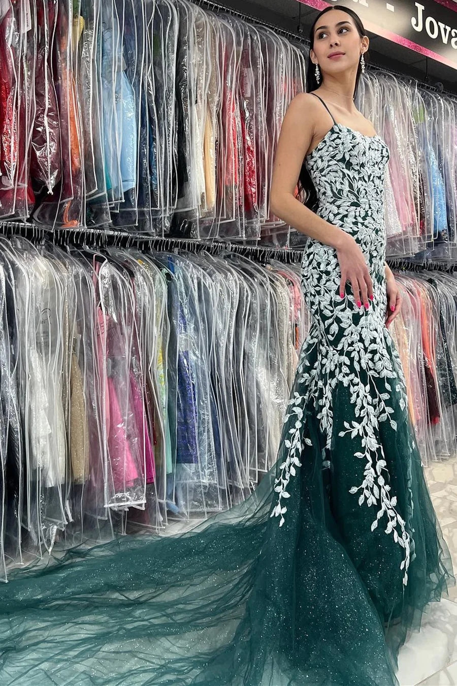 Chic Mermaid Spaghetti Straps Lace Tulle Prom Dress BM bride