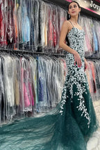Chic Mermaid Spaghetti Straps Lace Tulle Prom Dress BM bride
