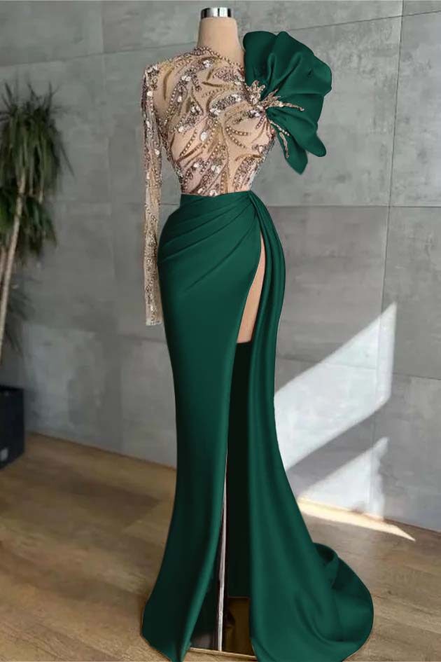 Long Sleeves Long Mermaid Prom Dress With High Split Appliques BMBRIDE