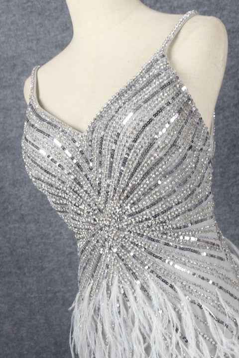 Hidaiss Luxury Sliver Mermaid Spaghetti Strap Prom Dress Split Sleeveless Feathers Beading