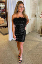 Purple Sparkly Tight Sequins Homecoming Dress with Feathers